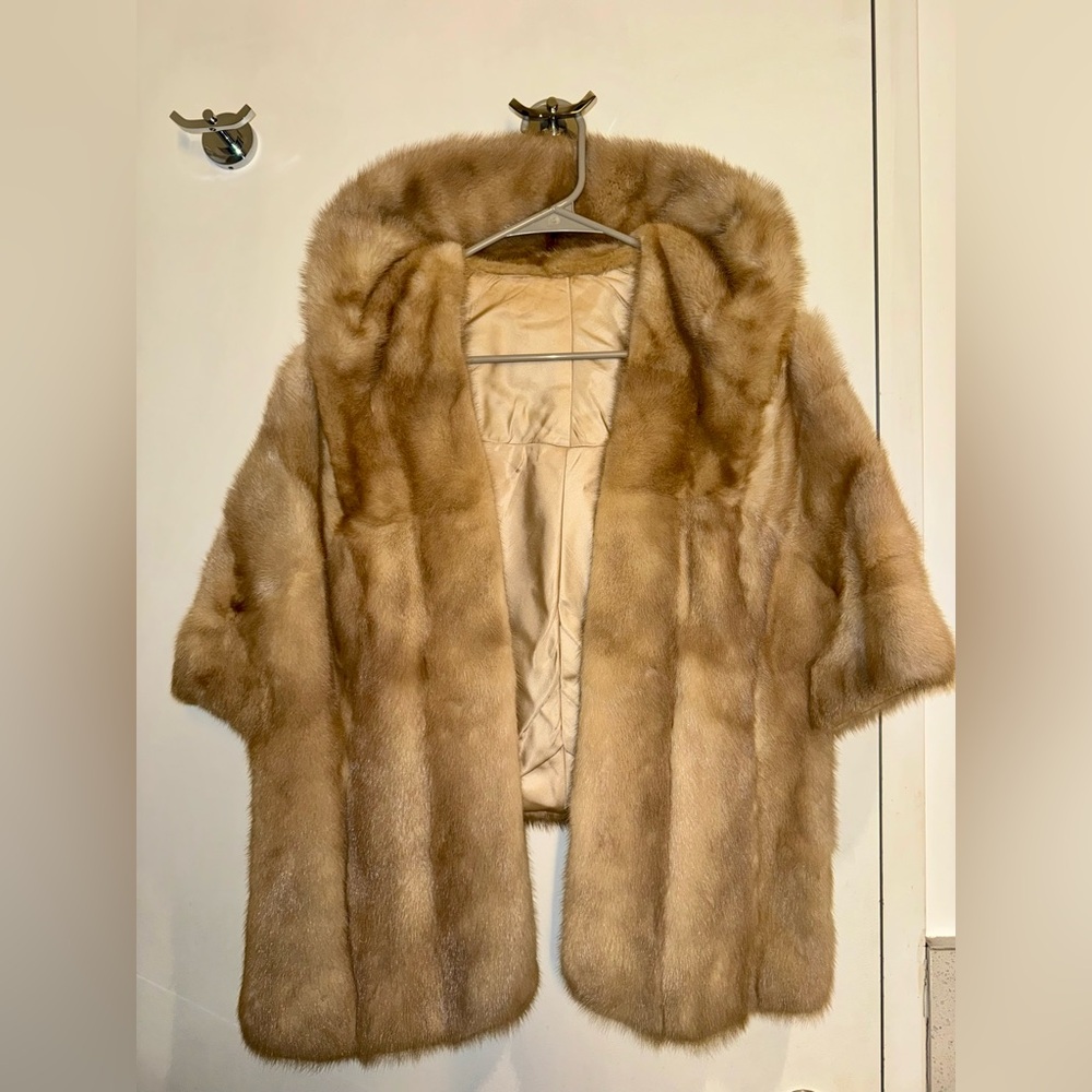 Vintage 60s Beige Real Mink Fur Stole Capelet Bridal Cape Wedding Shawl Shrug